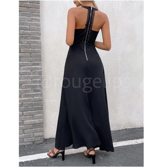 Black Elegant Maxi Dress Lace Halter Neckline Zip Back Flared Long Leg Slit - Picture 7 of 8